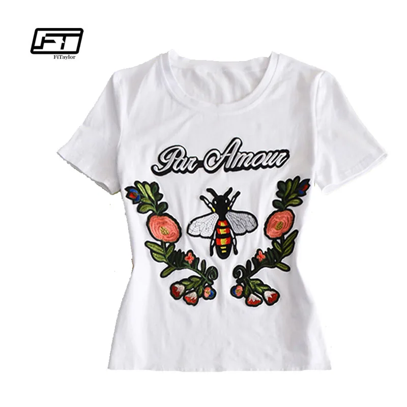 Ftlzz 2017 Summer T-shirt Women Plus Size Femme K-pop White Casual Embroidery Bee Flower Short Sleeved Pure Cotton |