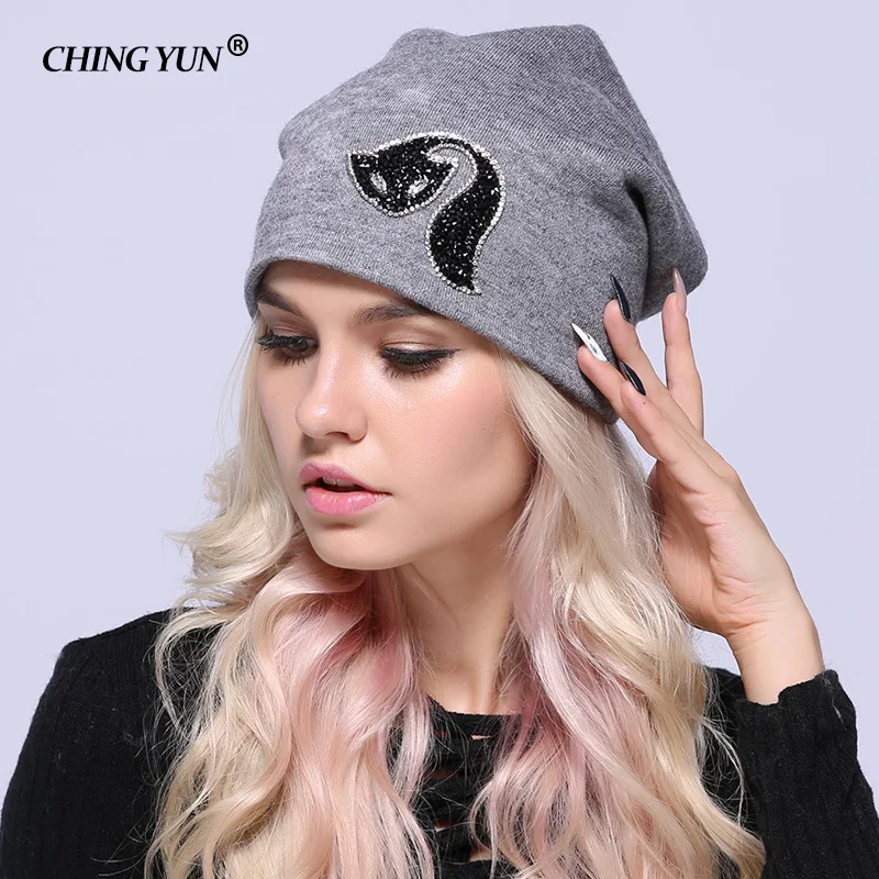 New Winter Women Knitted Hats lady Warm Caps Diamond Fox Solid Color Thicker Girls Cap Cute High Quality Wool Female Hat 2018