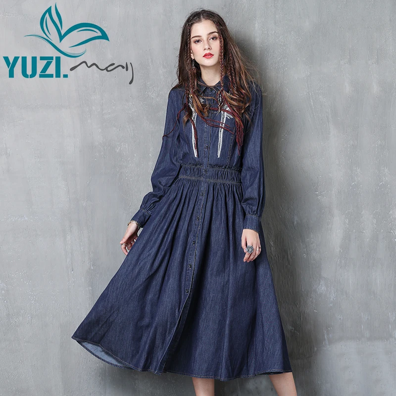 Женское платье 2017 года Yuzi.may Boho новое джинсовое с отложным воротником и длинным