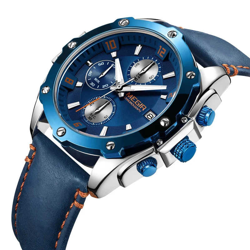 Megir Brand Chronograph Men Relogio Masculino Blue Leather Business Quartz Watch Clock Creative Army Military Wrist | Наручные часы