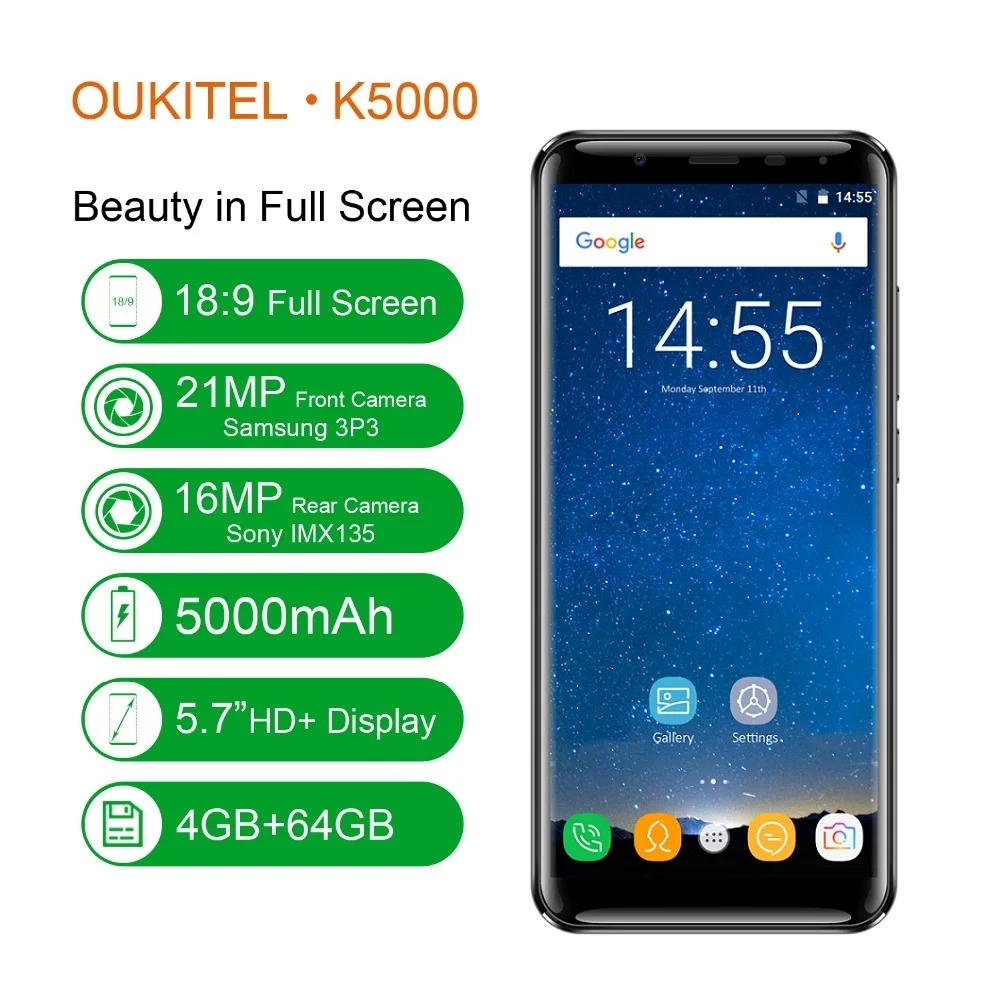 Восстановленный мобильный телефон Oukitel K5000 18:9 5 7 "HD Android 0 MTK6750T 4G + 64G Octa Core 5000mAh 16MP