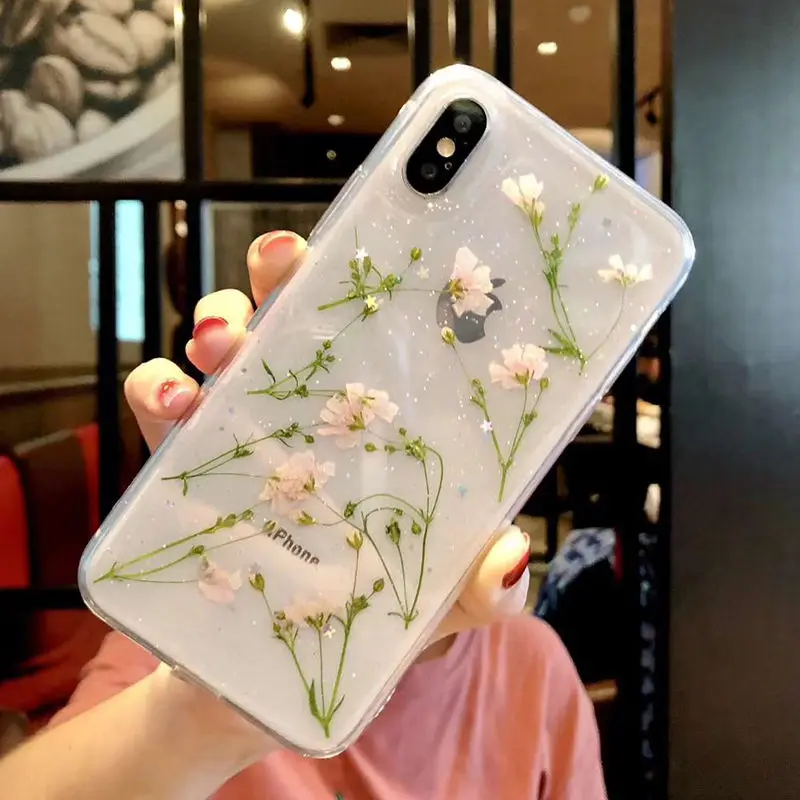 Настоящие цветы сухоцветы Мягкие TPU чехол для iPhone X XS XR XS Max 6 6 S 7 8 плюс Прозрачный Bling Красивая задняя крышка
