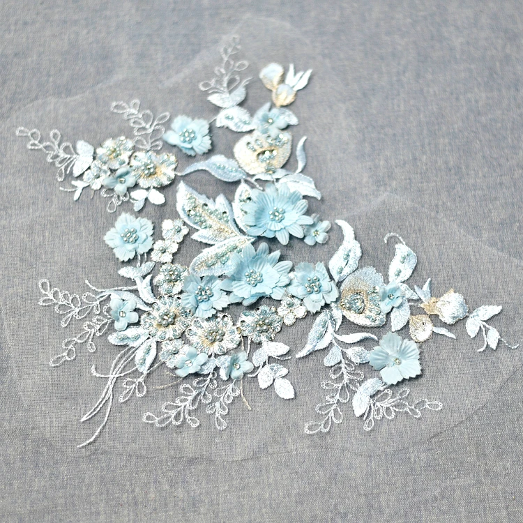 2 шт./лот розового и голубого цвета из бисера стерео кружево Цветочная аппликация