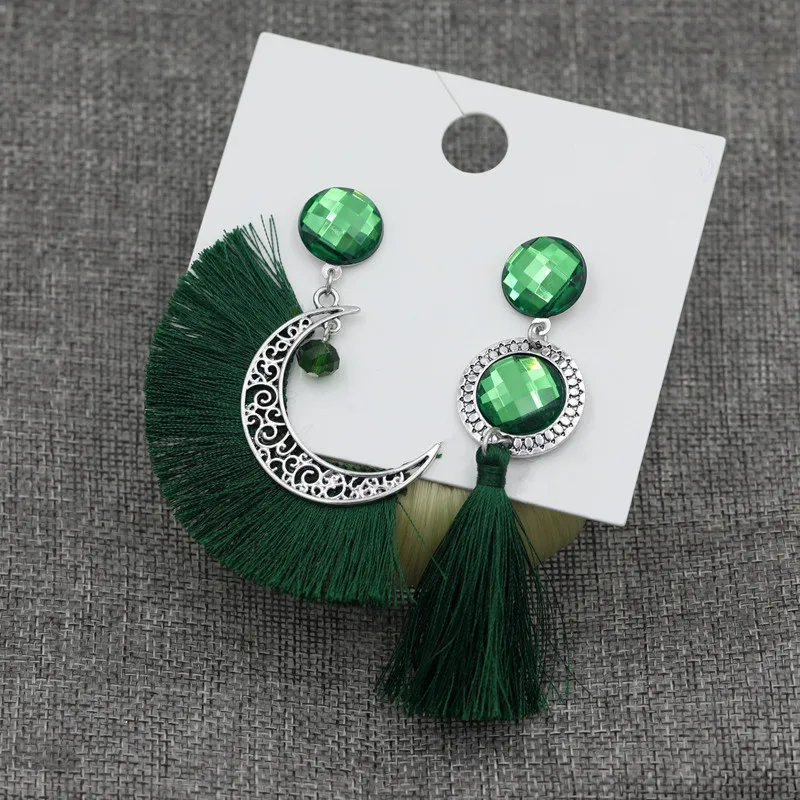 free shipping Vintage Ethnic Handmade Green Tassel stud Earrings For Women Bohemian Moon Fashion Party Jewelry | Украшения и