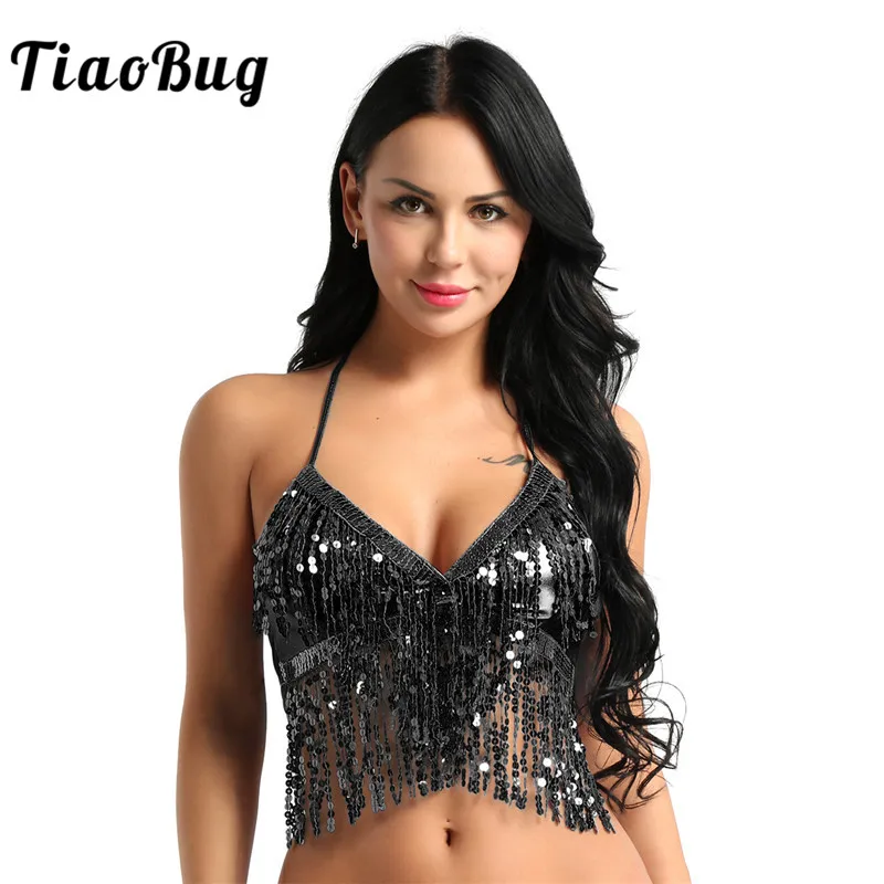 

Latin Belly Dance Top Costumes Women Halter Shiny Bra Top with Sequins Tassel Club Party Festival Rave Sexy Crop Tops