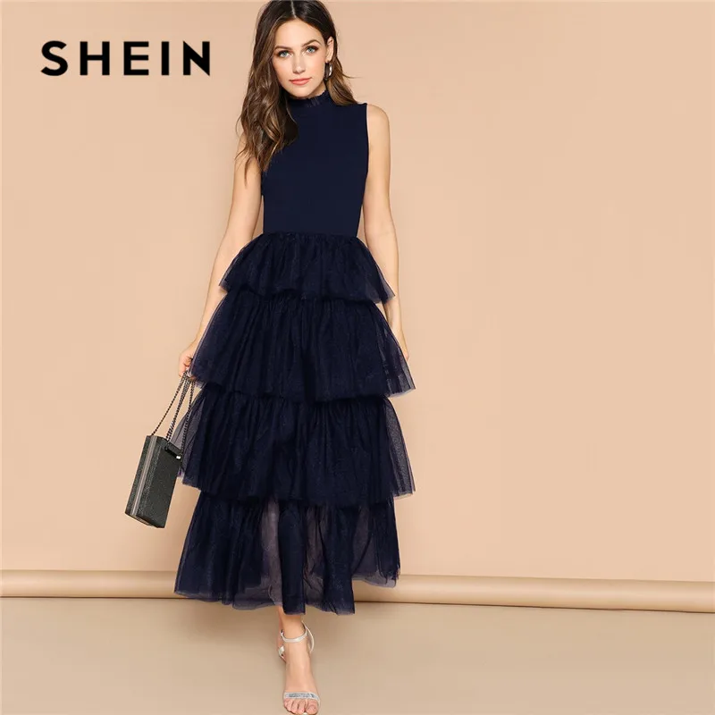 SHEIN модное многослойное платье макси с оборкой на воротнике, без рукавов, со стоячим воротником, гламурные вечерние платья с высокой талией, летнее платье