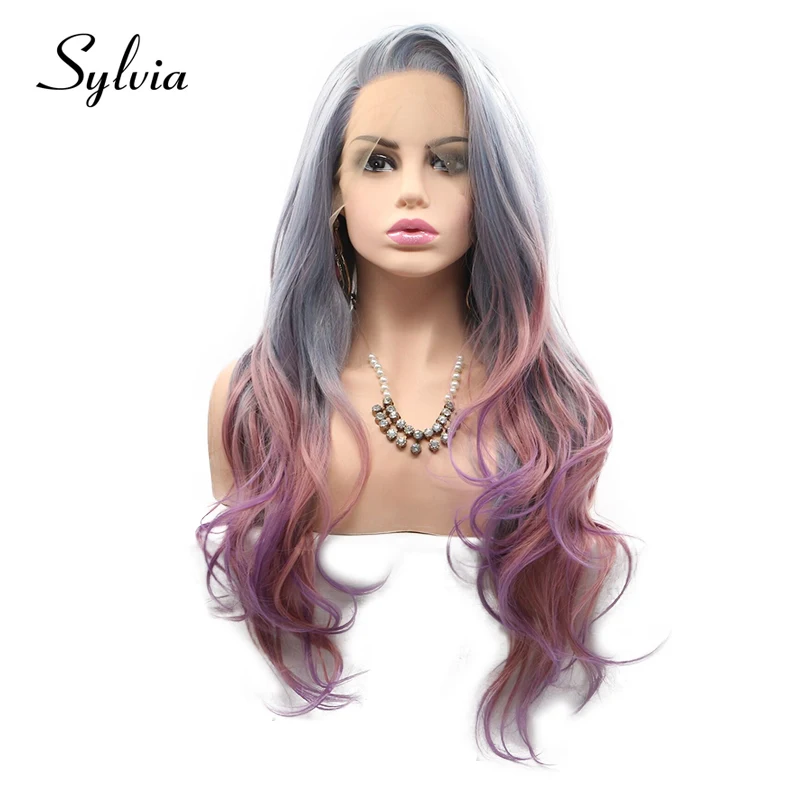 Cosplay Gray Purple Ombre Colored Synthetic Lace Front Wig Body Wave Hair For Women Lace Frontal Highlight Transparent Lace Wigs