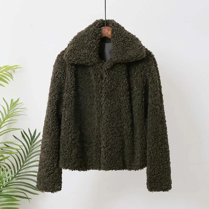 army green fur coat Курчавая куртка из искусственного меха ягненка, Женское пальто с отложным воротником, меховая куртка из искусственного меха для женщин, зимние теплые пушистые куртки, верхняя одежда - Цвет: army green fur coat