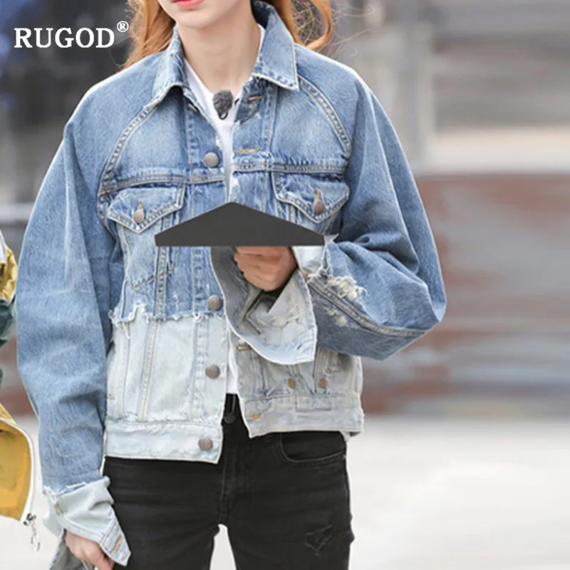 RUGOD Новая мода Мозаика градиент chaqueta mujer Raw короткая джинсовая куртка Тонкий