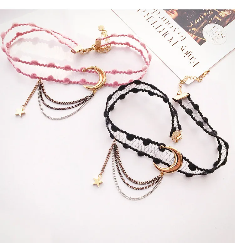 2017 Новый стиль звезды луна подвеска кружева цветок choker ожерелье сладкий и