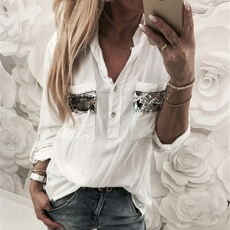 Autumn Women Long Sleeve Shirt Female Loose Cotton Blouses Casual V-neck Shirts | Женская одежда