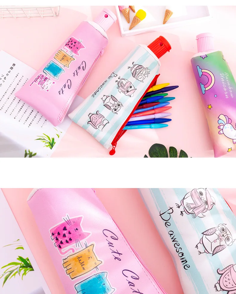 Creative toothpaste leather Pencil Case Cute Unicorn Owl cat large Pen Bag Kawaii Office School Supplies Korean Stationery