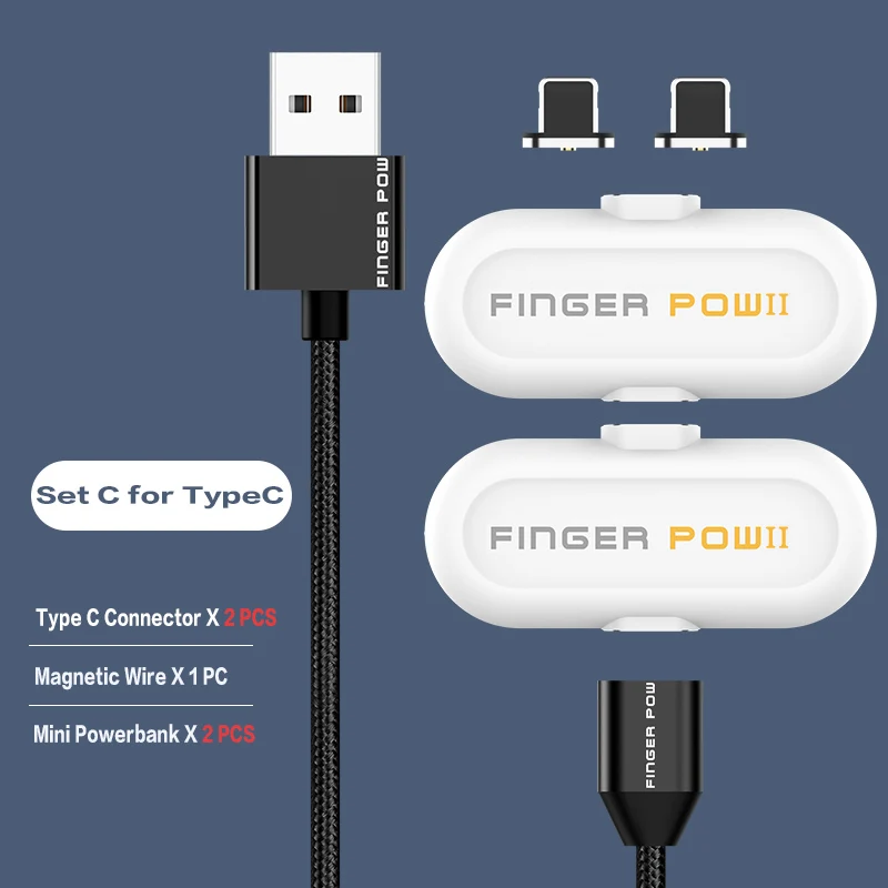 Fingerpow 1100 мАч Мини банк питания для iPhone/Android/type C Магнитный USB кабель для зарядки и передачи данных внешний аккумулятор 18650 Банк питания - Цвет: Set C For Type C