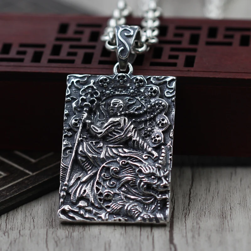 

S925 silver Buddha Pendant hell is not empty until domineering male army Necklace Silver tag