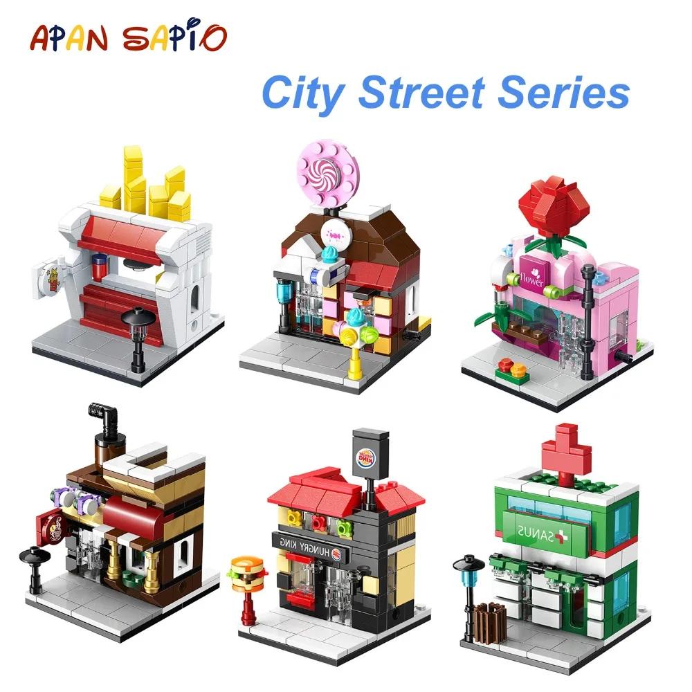 Mini City Street Series Model Building Blocks Food Candy Coffee Flower Shop Educational Figures Bricks Compatible With Brands