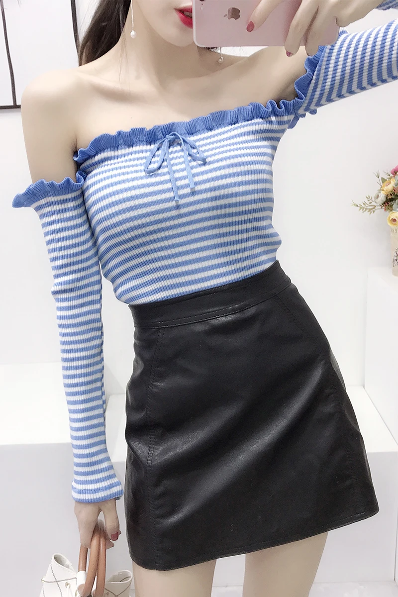 ALPHALMODA Pullovers Off-shoulder Sexy Striped Sweater Long-sleeved Slim Fit Ladies All-match Spring Casual Crop Jumper | Женская одежда