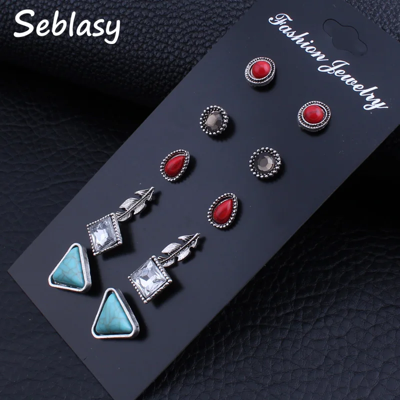 Seblasy 6 пар/компл. винтажные серебристого цвета Бохо треугольные серьги-гвоздики