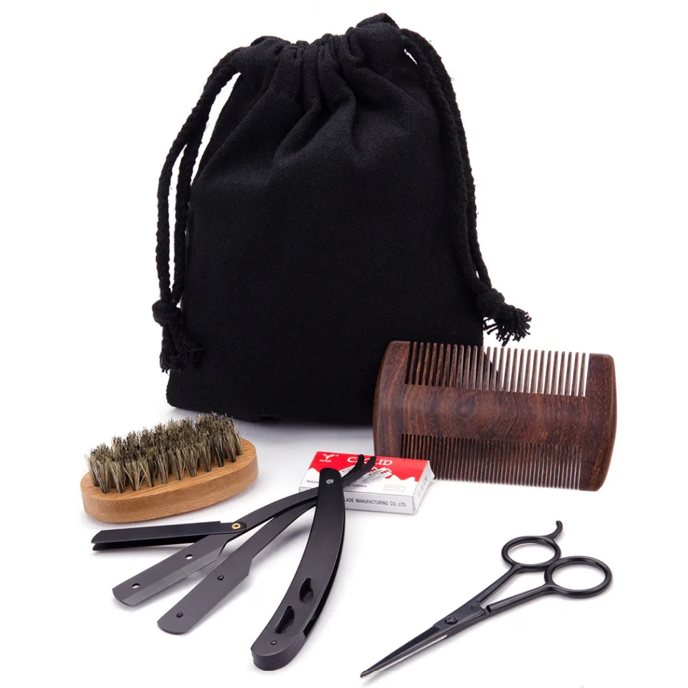 Razor Set For Men Black Shaving Scissor Barber Bamboo Boars Beard Brush Kit+Wood Comb Hair+20pcs Blades Shaving+Bag | Красота и