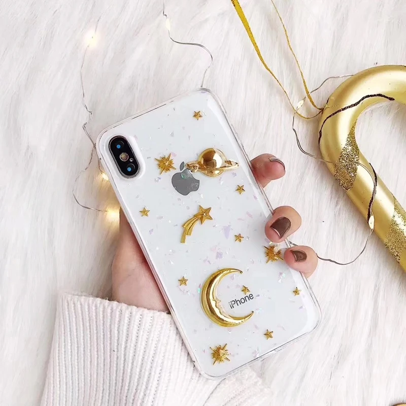 Gold Moon Stars Planet Phone Case For iphone X 6S 6 7 8 Plus Bling Glitter Universe Series Cover Cases Capa |