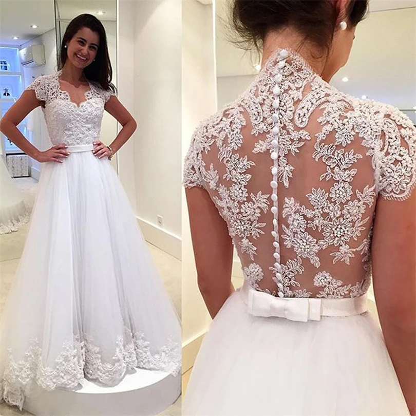 

Vintage Sample Bridal Lace Sashes Wedding Dresses Scoop A-Line Sweep Train Short Sleeves Tulle vestidos de noiva HSZ33001