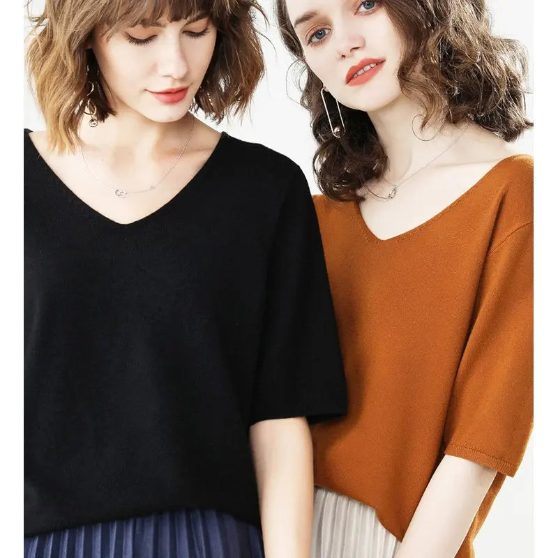 Sale Summer Knitwear Women's Knitted V-neck T-shirt Half Sleeve Thin Pullover Basic High-end Stretch Yarn Fabric Women Knit-Tee | Женская