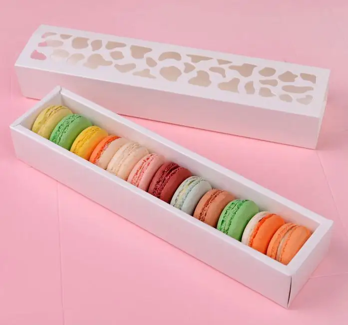 

200pcs Luxury White Long Hollow Macaron Box Cupcake Container Chocolates Packing Box Baking Package cookie box SN1003