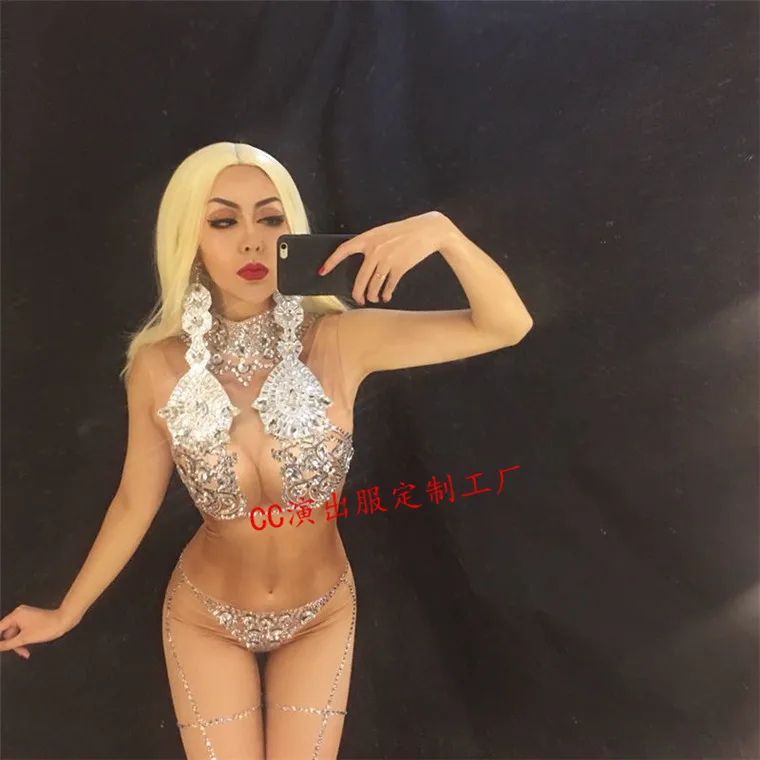 2020 New Bling Crystals Bodysuit Women s Sexy Nude Costume Jumpsuit Dance Stage Wear Bodysuit Women Singer Nude Stretch Outfit