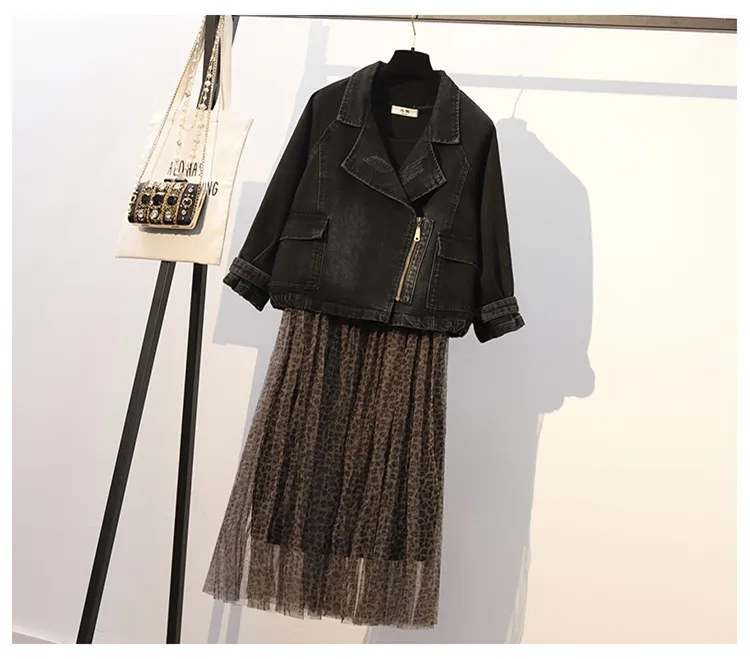 Женская черная джинсовая куртка+ сексуальное Сетчатое платье, комплект, весна-лето, модная одежда без рукавов, Vestidos, джинсовая куртка, пальто, женская одежда из 2 предметов