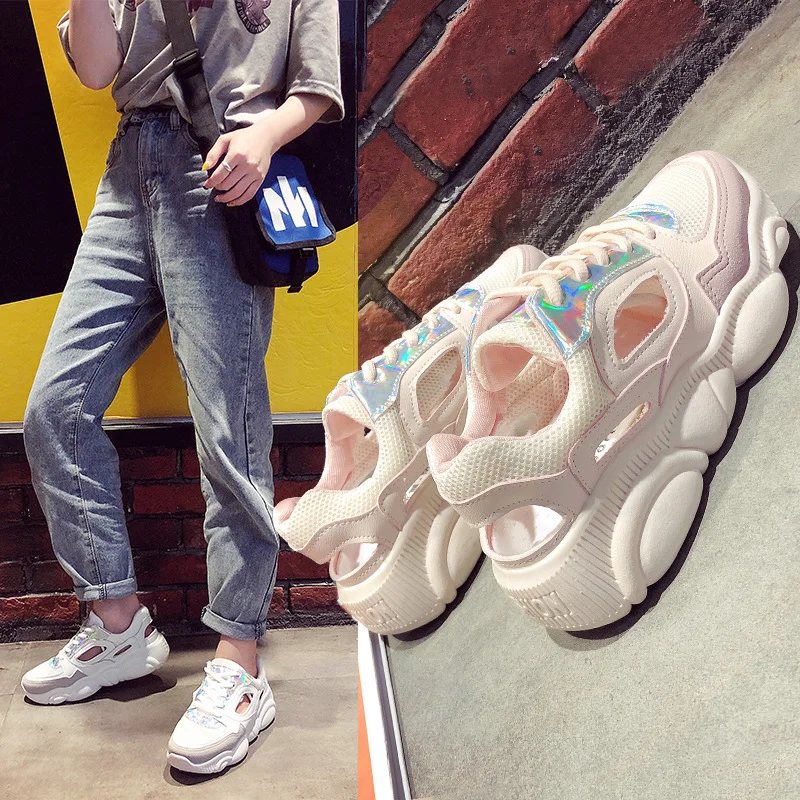 Сетчатая женская обувь на толстой подошве с плюшевым медведем летние кроссовки