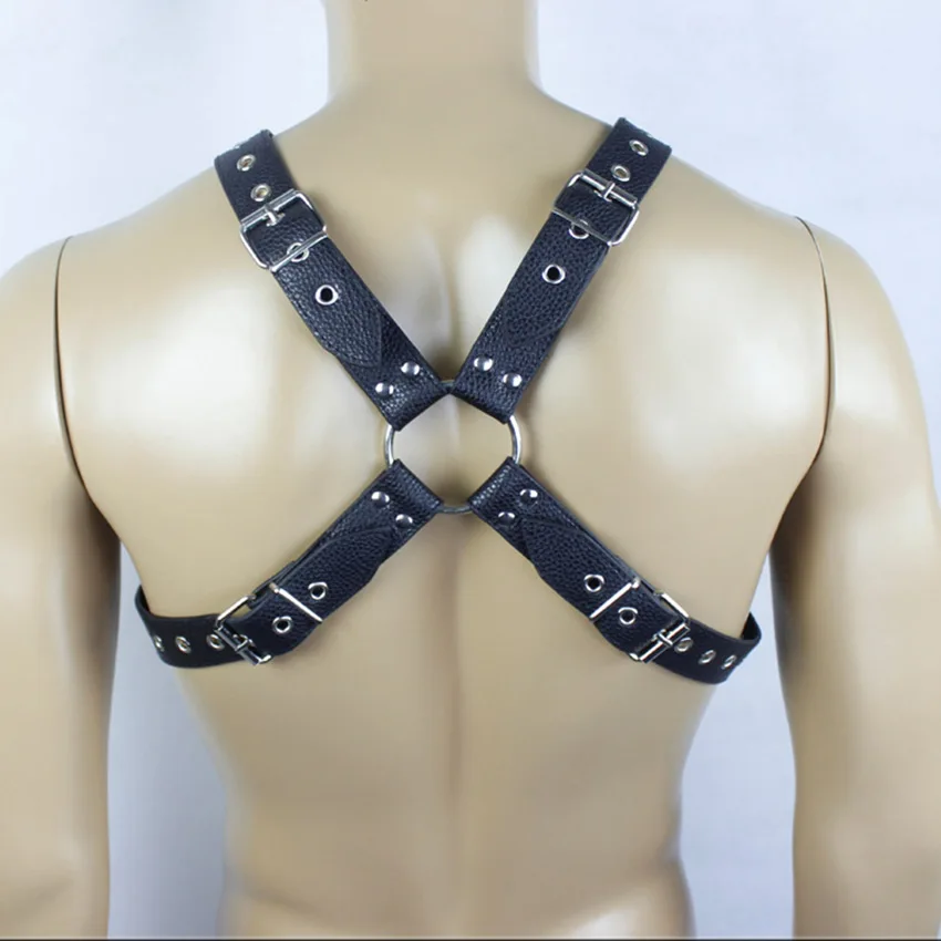 Мужской черный ПВХ кожаный ремень для тела Регулируемый бондаж удерживающий