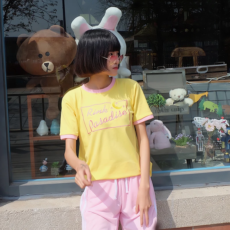 Kawaii/футболка с Луной, Южная Корея, ulzzang, Harajuku, японская, дикая, милая, сестренка, луна, вышивка, бой, Студенческая футболка для девочек