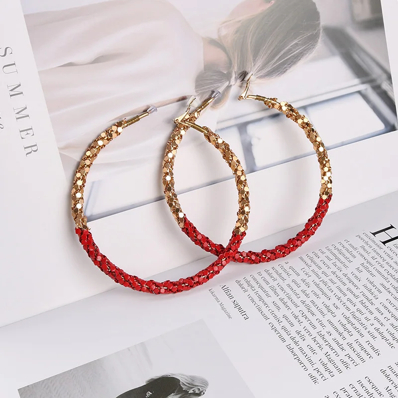 

90mm Large Circle Exaggerated Sequin Twine Gold Clip on Hoop Earrings for Women with Cushion Pad No Pierced Fashion Jewelry