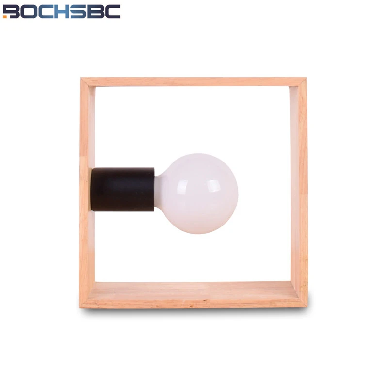 

BOCHSBC Square Wooden Table Lamp Light Bedroom Bedside Light Nordic Decoration Desk LED Lamps Modern Lampara for Living Room