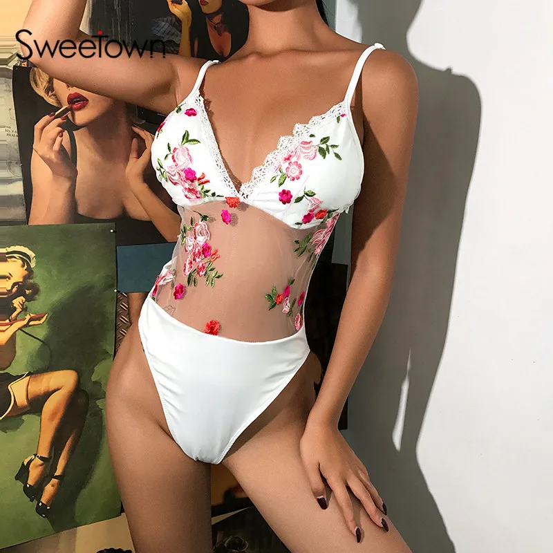 Sweetown белый сетчатый лоскутный V образным вырезом сексуальный боди Купальники для женщин китайский стиль пион вышивка толстые Спагетти ремень Боди