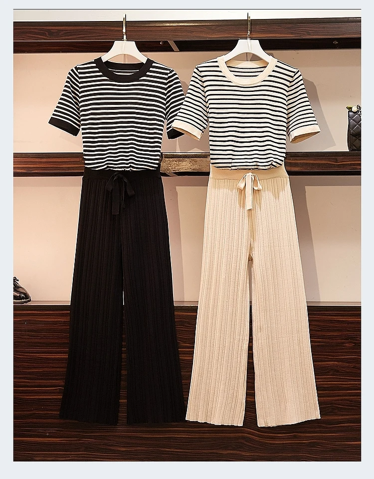 ALPHALMODA, Женская Полосатая трикотажная футболка, топ+ Широкие трикотажные брюки, лето-осень, 2 шт., повседневные комплекты, женские вязаные штаны, костюмы