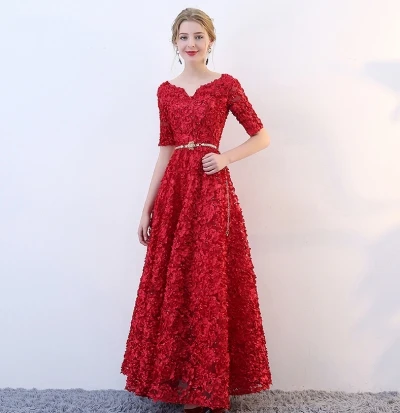 Vestidos новые элегантные длинные кружевные вечерние платья цвета шампанского/Бургунди А-силуэта вечерние платья для выпускного вечера Robe De Soiree - Цвет: burgundy