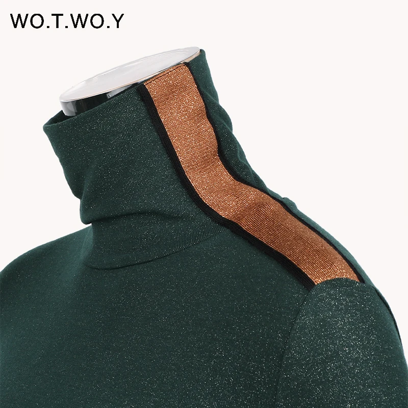 WOTWOY 2019 Весна новая водолазка футболка Женская Базовая Трикотажная люрекс Топы с