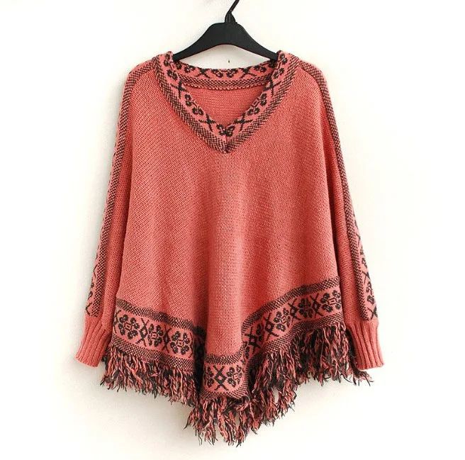 The new female 2015 autumn and winter Han edition fringed shawl cloak v-neck loose sweater coat A0840 | Женская одежда