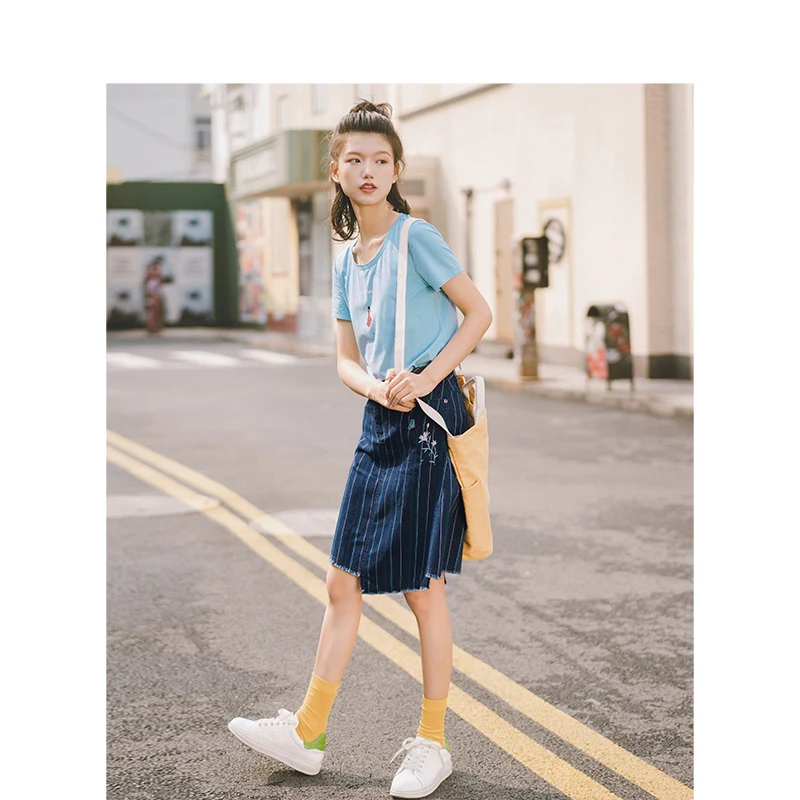 INMAN Летняя женская футболка в полоску с вышивкой|Женские юбки| |