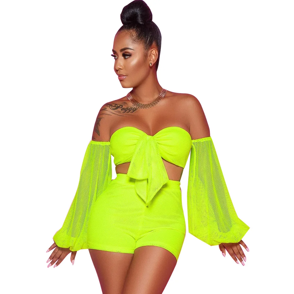 Neon Green Неоновый зеленый комплект из двух предметов, женский спортивный костюм, ажурный короткий топ с длинным рукавом и байкерские шорты, летняя пляжная одежда из 2 предметов - Цвет: Neon Green