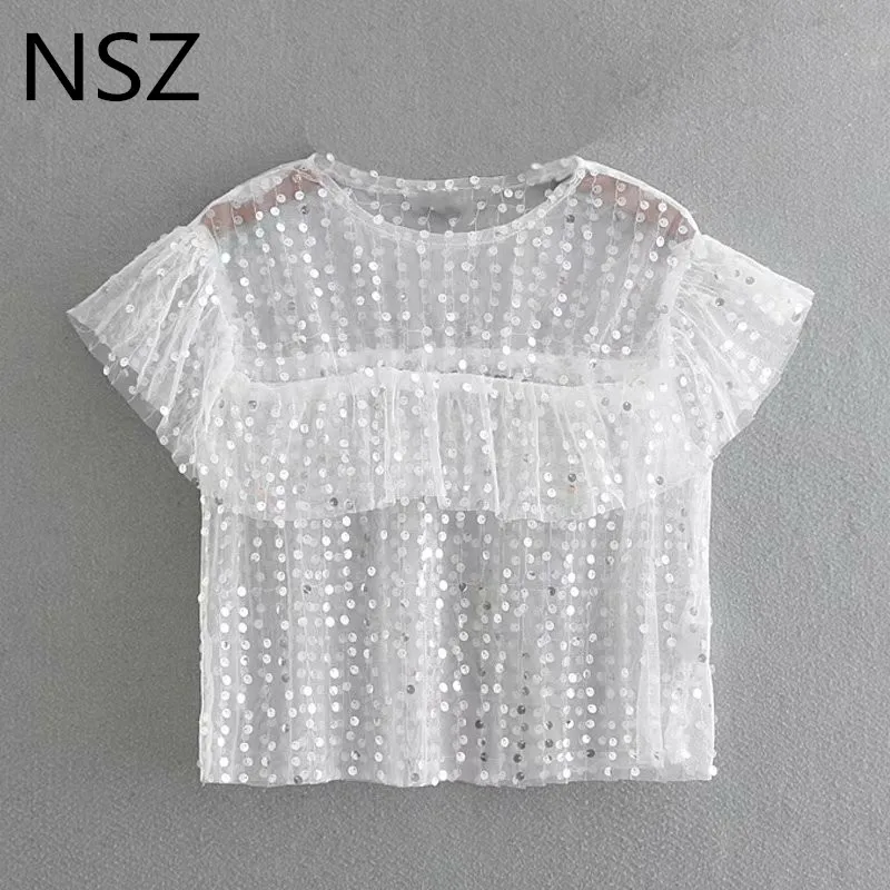 NSZ Для женщин белая блузка Блестки оборками рубашка летние шорты Втулка