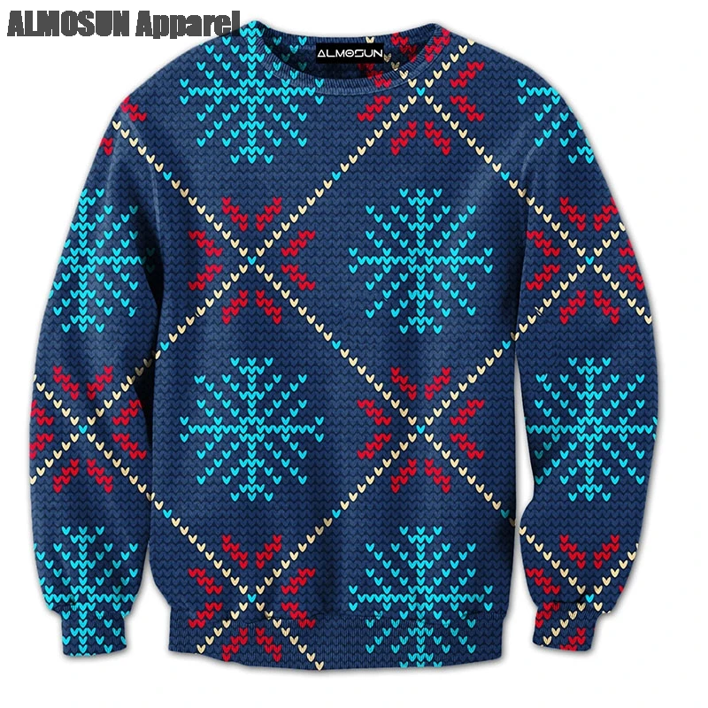 Рождественский 3D сплошным принтом пуловер с круглым вырезом кофты хипстерская