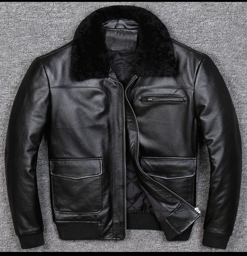AYUNSUE Genuine Leather Jacket Men Autumn Winter Sheepskin Coat Pilot Bomber Jacket Wool Collar Short Real Leather 818 KJ1338