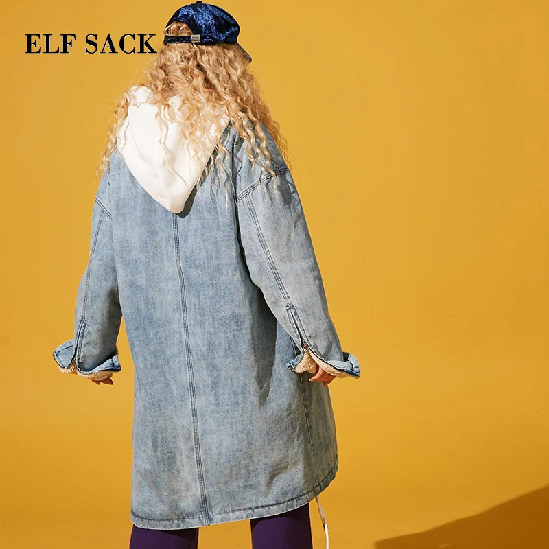 ELFSACK синее Теплое повседневное джинсовое пальто с двойным карманом Женская