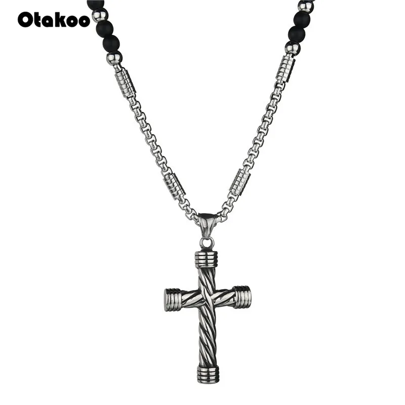 Otakoo, для мужчин и женщин, католический Христос, деревянный, 4 мм, Четки из бисера, крест, подвеска, тканая веревка, ожерелье, черный цвет, бусы, ожерелье для женщин и мужчин