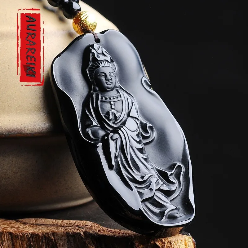 AURAREIKI натуральный обсидиан Guanyin Ожерелье Подвеска буддизм амулет жемчужное