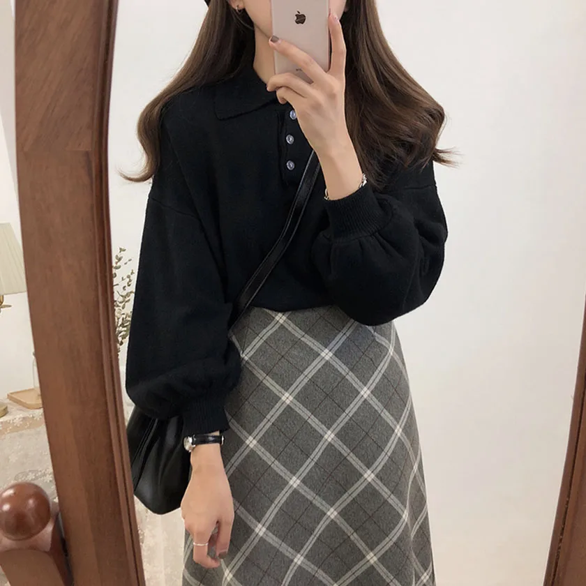 2019 Autumn New Women's Pullovers Sweater Turn-down Collar Full Lantern Sleeve Button Design Solid Korean Casual Tops T97322D | Женская