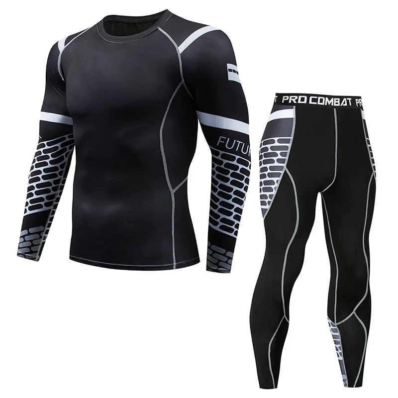 Men's Fitness Running Set Compression T-Shirt + Tights Long Sleeve Rashguard MMA Training Wear Gym Yoga | Мужская одежда