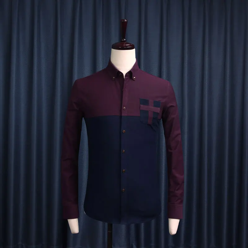 

100% Cotton Shirt Men Brand Clothing Fashion Mens Dress Shirts Casual Slim Fit Long Sleeve Turn-down Collar Patchwork Color 2XL