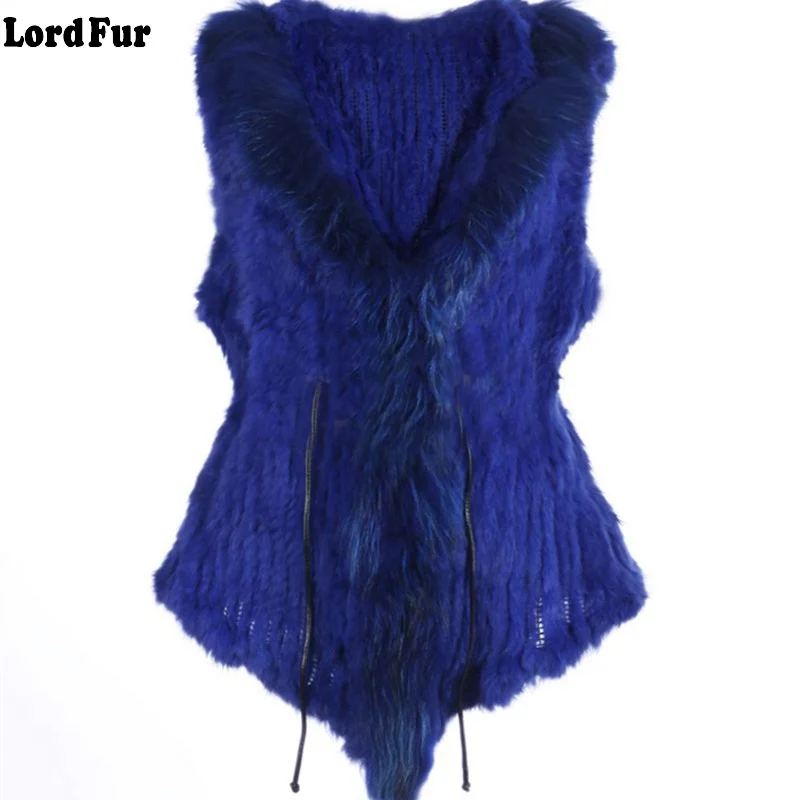 

(TopFurMall) Lady Fashion Genuine Knitted Rabbit Fur Vest Waistcoat Raccoon Fur Collar Women Real Fur Gilet Slim Waist LF4014